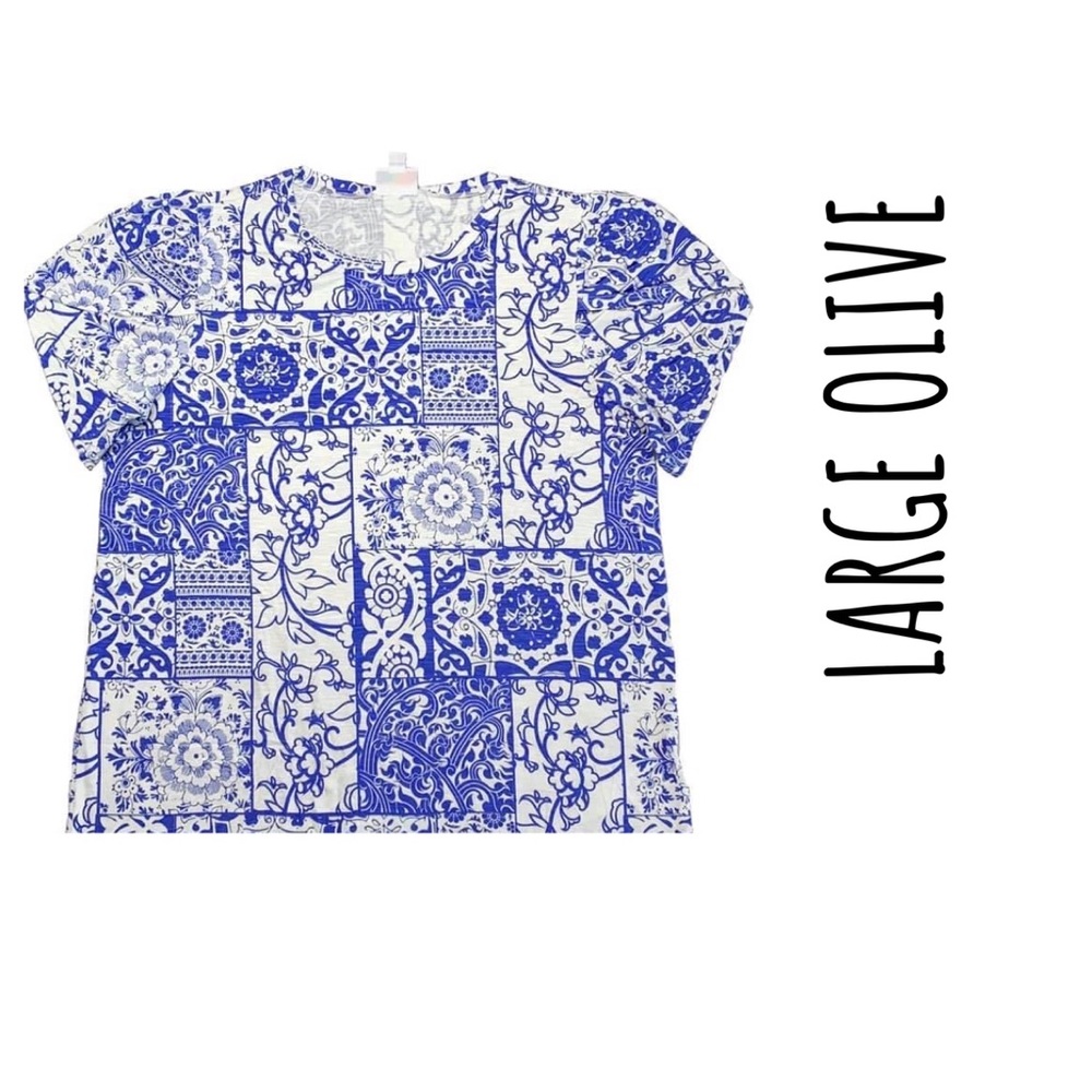Large LulaRoe olive Top tee blue and white nwt